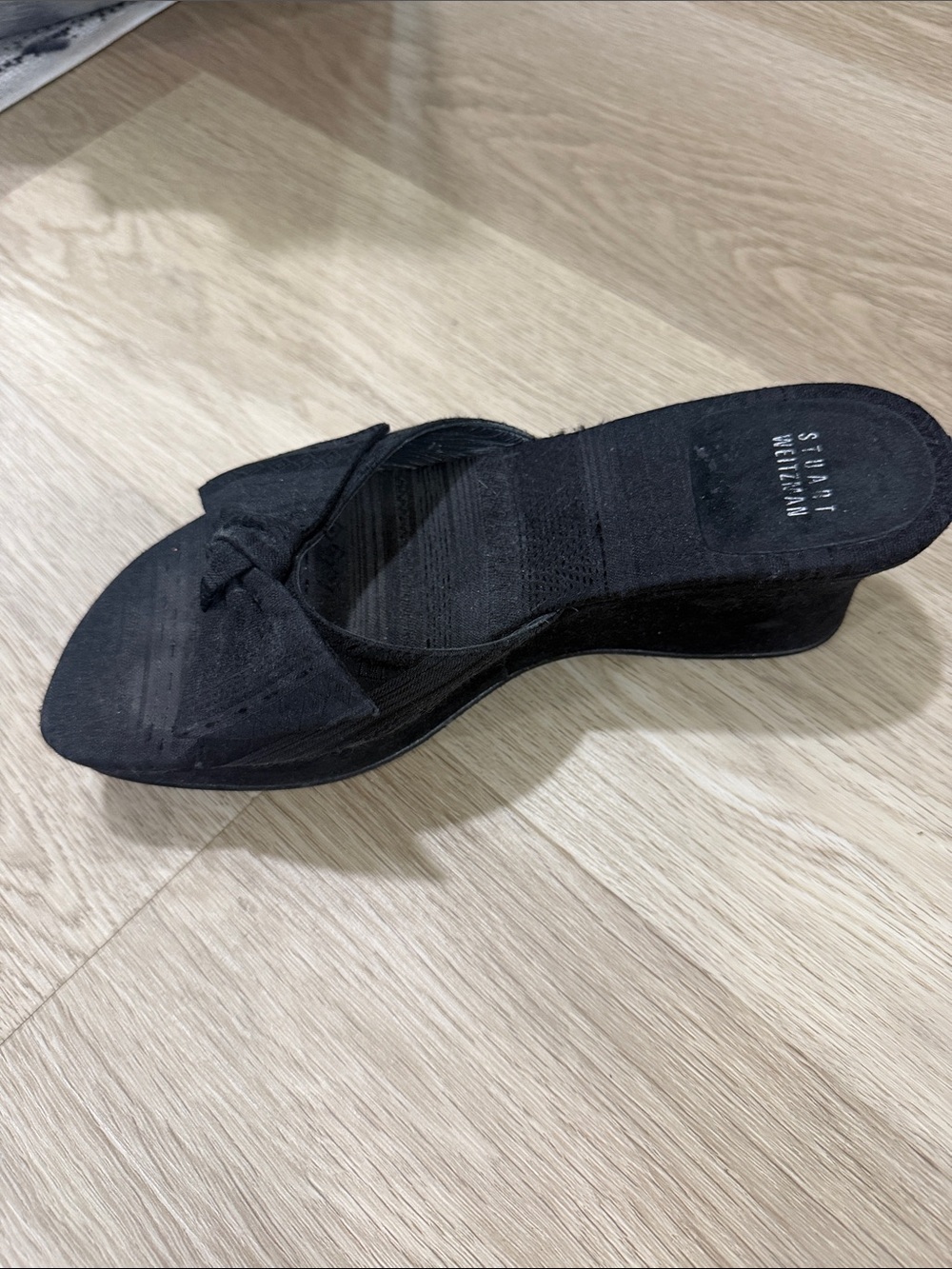 Stuart Weitzman Black Suede Knot Wedge Slide